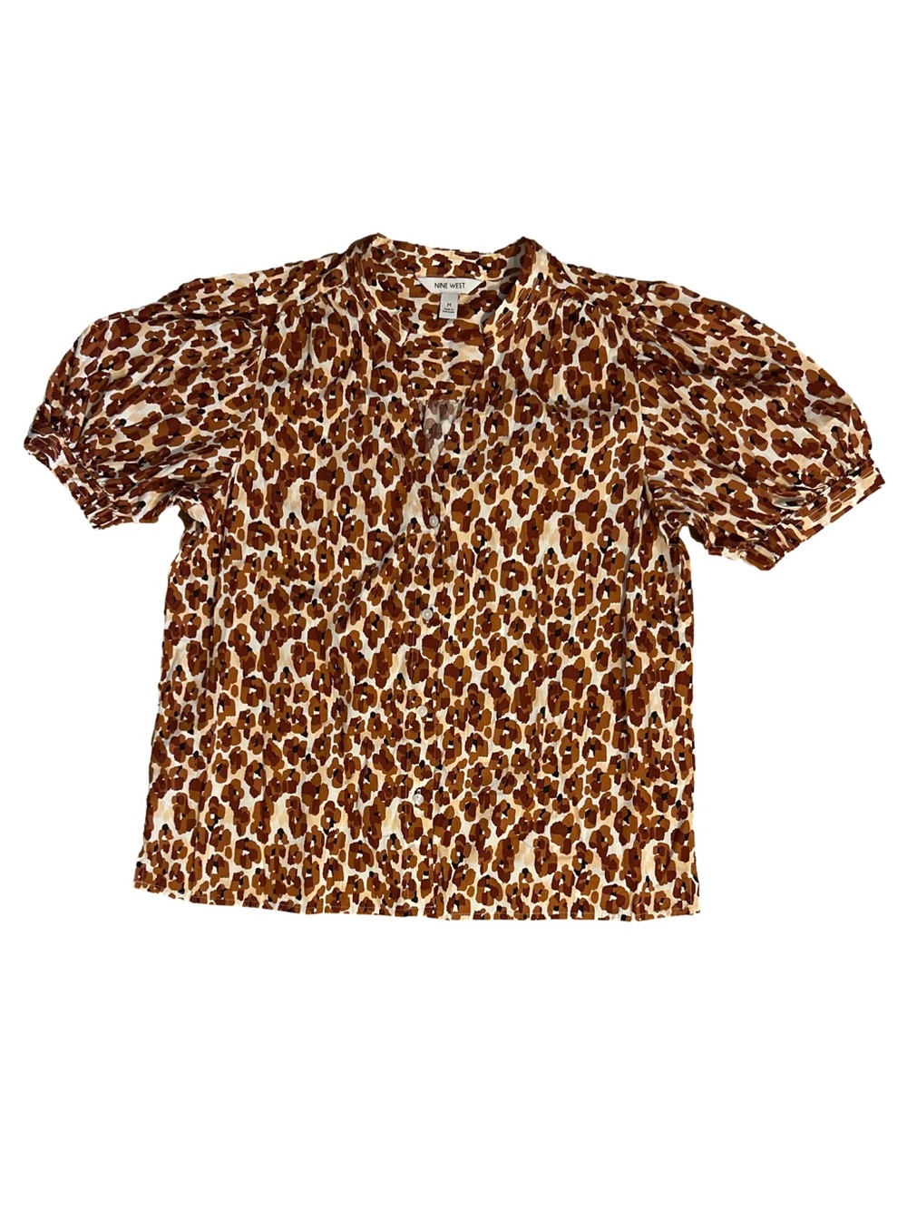 Nine West Brown Leopard Print Short Sleeve Blouse